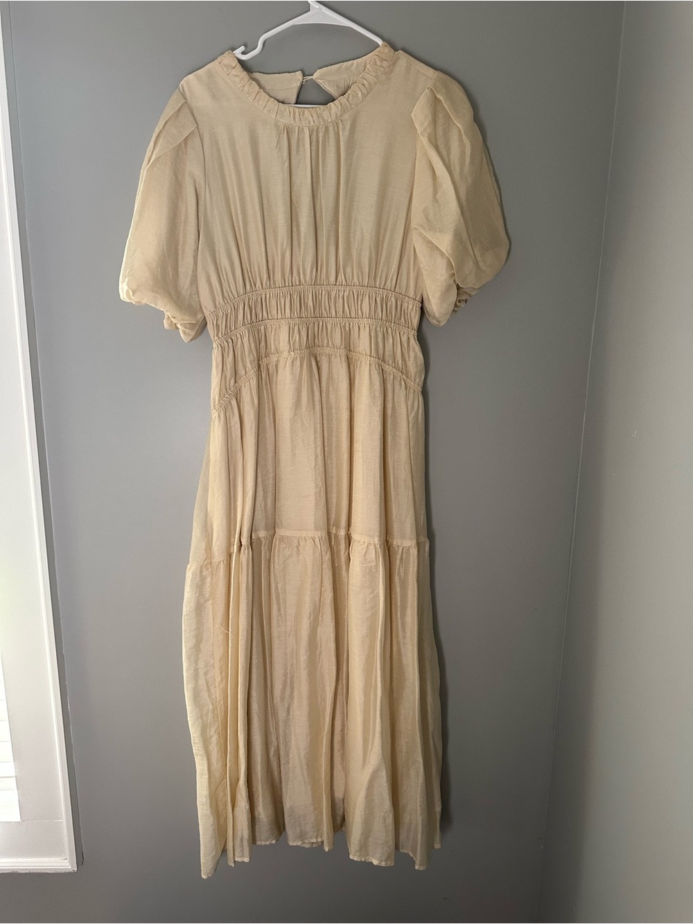 Moon River Cream Puff Sleeve Smocked Maxi Dress